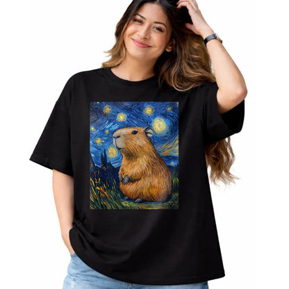 Cute Capybara Shirt, Funny Capybara Unisex T-Shirt/Hoodie/Sweatshirt HLT00 - Capybara Van Gogh Style Starry Night Funny Graphic T-Shirt