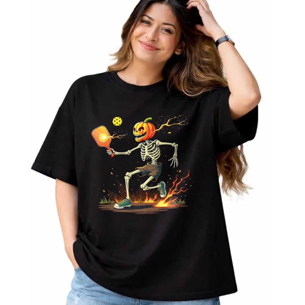 Funny Pickleball Shirt, Pickleball Lover Unisex T-Shirt/Hoodie/Sweatshirt HLT00 - Pumpkin Head Skeleton Pickleball Halloween Spooky Sports T-Shirt