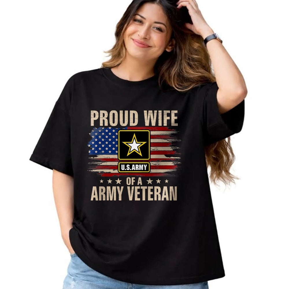 Proud Veteran Shirt, Funny Veteran UnisexT-Shirt/Hoodie/Sweatshirt HLT00 - Vintage Proud Wife of A Army Veteran with American Flag T-Shirt