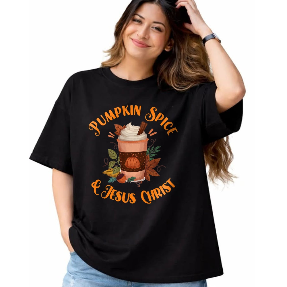 Christian Tee, Christian Faith Unisex T-Shirt/Hoodie/Sweatshirt HLT00 - Fall Season Cute Pumpkin Spice And Jesus Christ Thanksgiving T-Shirt