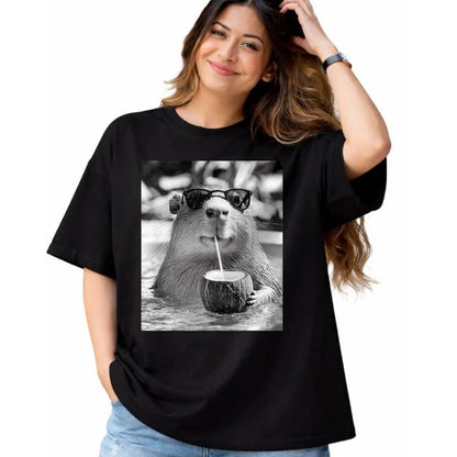 Cute Capybara Shirt, Funny Capybara Unisex T-Shirt/Hoodie/Sweatshirt HLT00 - Capybara Selfie with Sunglasses and Coconut Drink T-Shirt