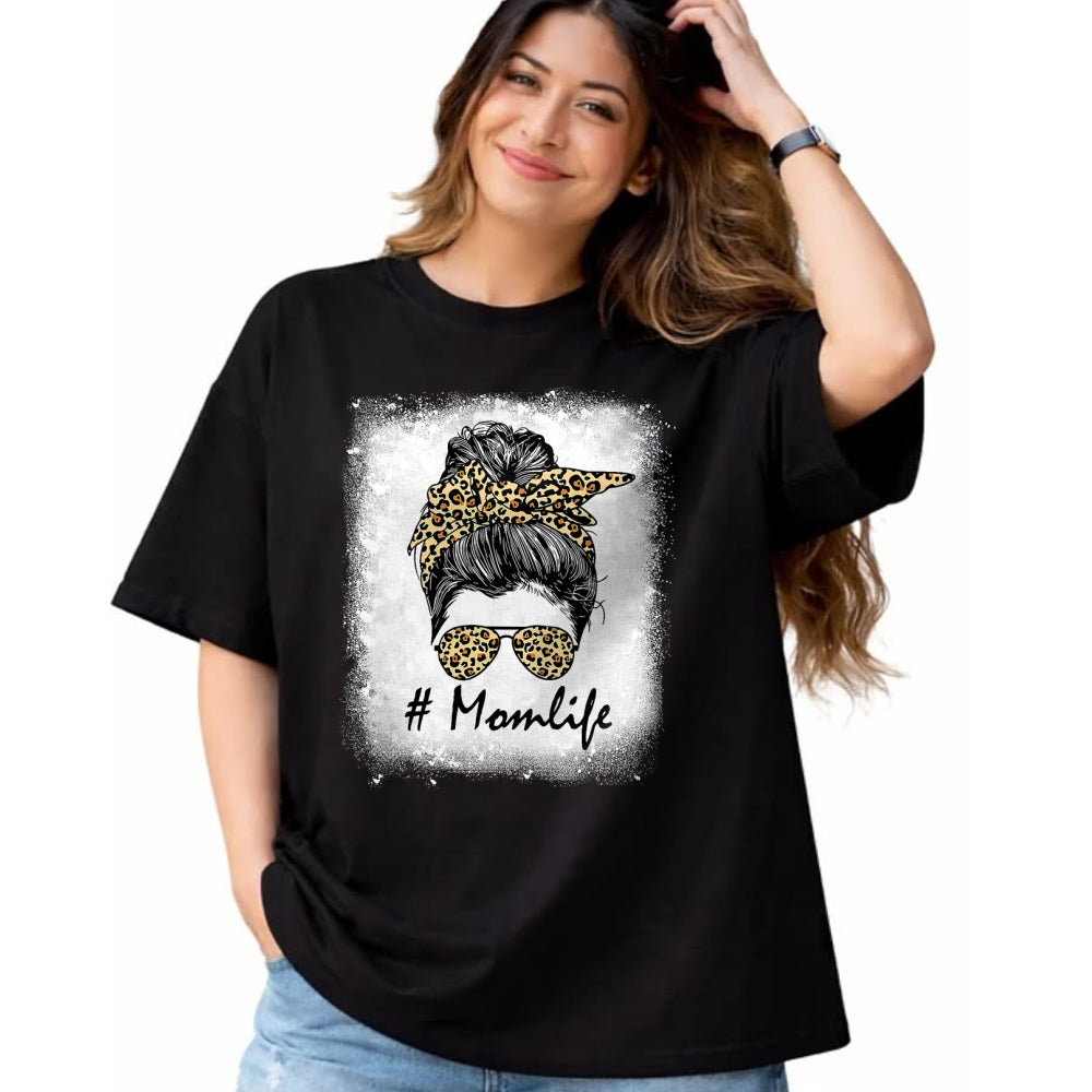 Gift for Mom Shirt, Funny Mom Unisex T-Shirt/Hoodie/Sweatshirt HLT00 - Mom Life Bleached Shirt Mom Life Leopard Messy Bun T-Shirt