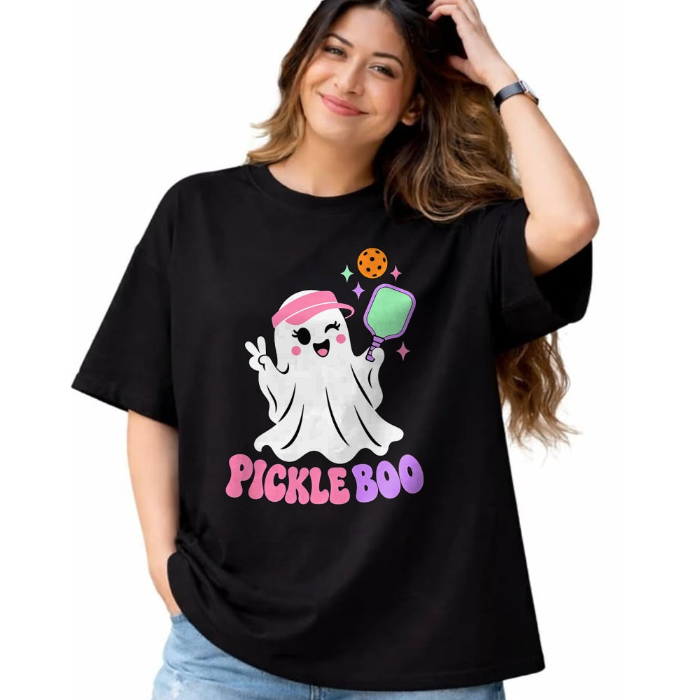Funny Pickleball Shirt, Pickleball Lover Unisex T-Shirt/Hoodie/Sweatshirt HLT00 - Halloween Pickleball Ghost Girls Women Pickleball Halloween T-Shirt