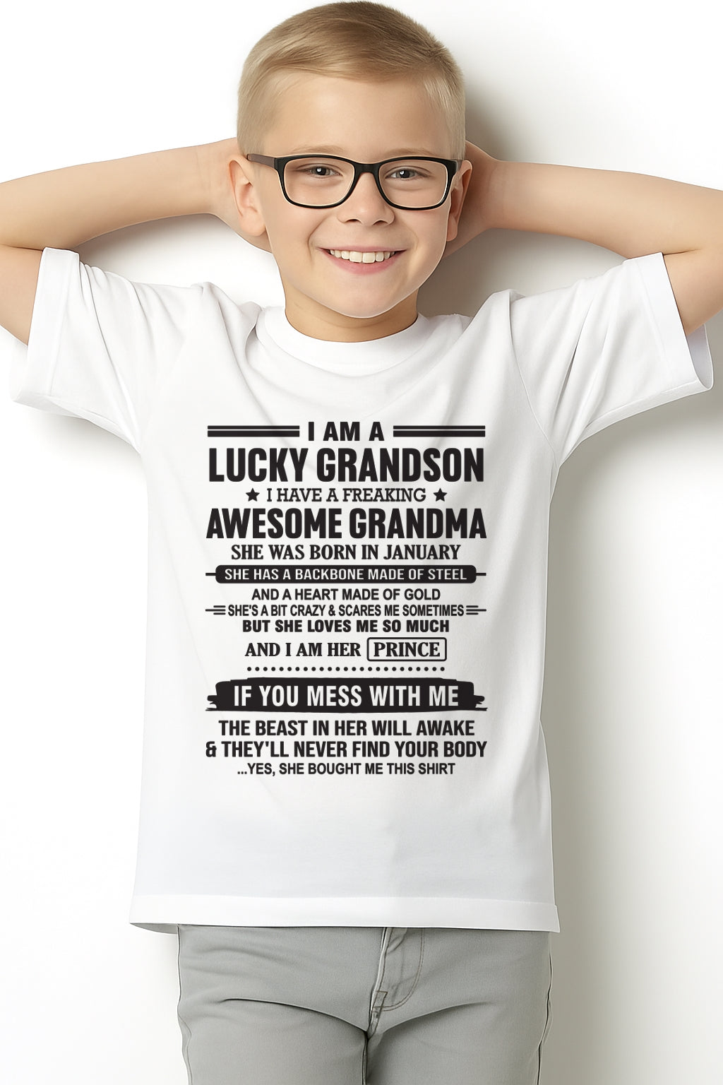 I Am A Lucky Grandson T-Shirt – Birthday Gift From January Grandma / Woman - NINA01 (SKU11-29-01)