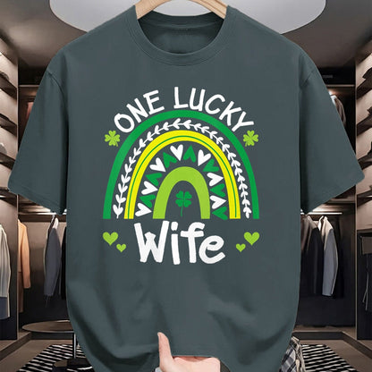 Best Wife Shirt, Wife and Husband Unisex T-Shirt/Hoodie/Sweatshirt HLT00 - Gift for wife T shirt, lucky wife   Womens One Lucky Wife Boho Rainbow St Patricks Day Shamrock V-Ne