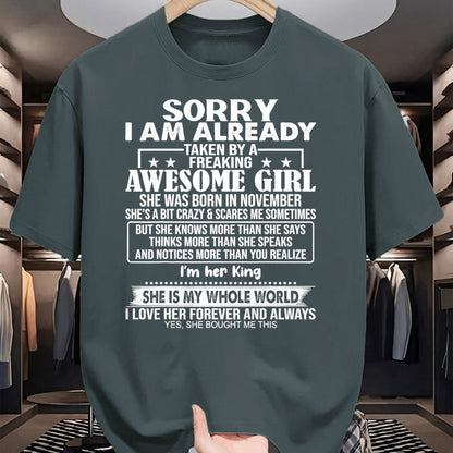 Best Wife Shirt, Wife and Husband Unisex T-Shirt/Hoodie/Sweatshirt HLT00 - Sorry I Am Already Taken By A Freaking Awesome Girl NOVEMBER T-Shirt