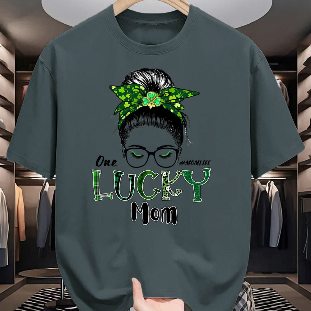 Gift for Mom Shirt, Funny Mom Unisex T-Shirt/Hoodie/Sweatshirt HLT00 - One Lucky Mom St Patricks Day Shamrock Messy Bun T-Shirt
