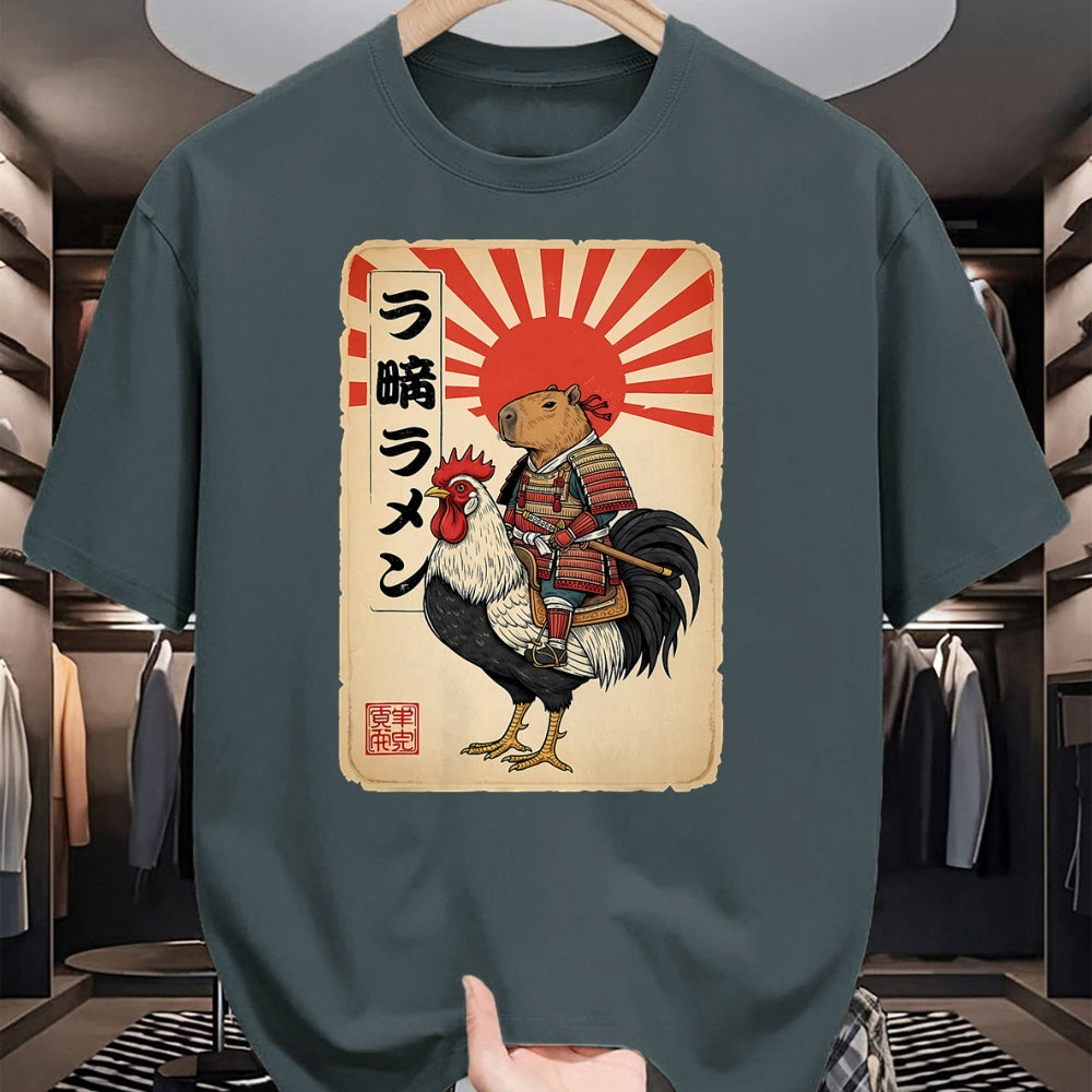 Cute Capybara Shirt, Funny Capybara Unisex T-Shirt/Hoodie/Sweatshirt HLT00 - Vintage Japanese Samurai Capybara Rooster Chicken Anime T-Shirt