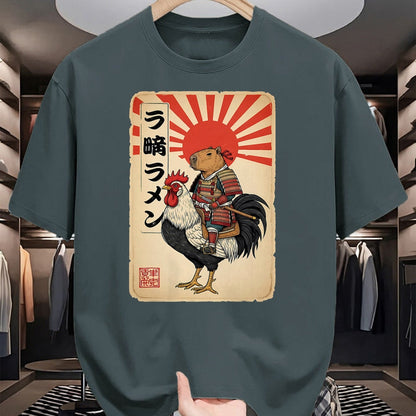 Cute Capybara Shirt, Funny Capybara Unisex T-Shirt/Hoodie/Sweatshirt HLT00 - Vintage Japanese Samurai Capybara Rooster Chicken Anime T-Shirt