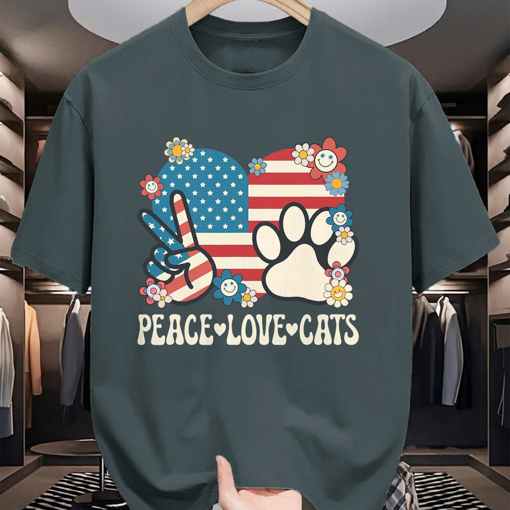 Cat Love Shirt, Funny Cat Lover Gift UnisexT-Shirt/Hoodie/Sweatshirt HLT00 - Peace Love Cats American Flag Patriotic Cat Lover Retro Cat T-Shirt