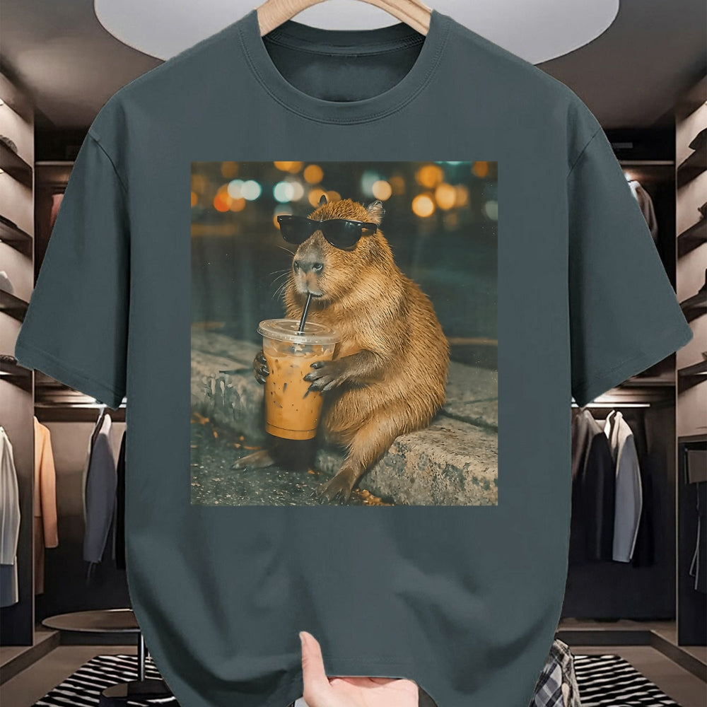 Cute Capybara Shirt, Funny Capybara Unisex T-Shirt/Hoodie/Sweatshirt HLT00 - Funny Capybara Drinking Iced Coffee Cute Animal Meme T-Shirt