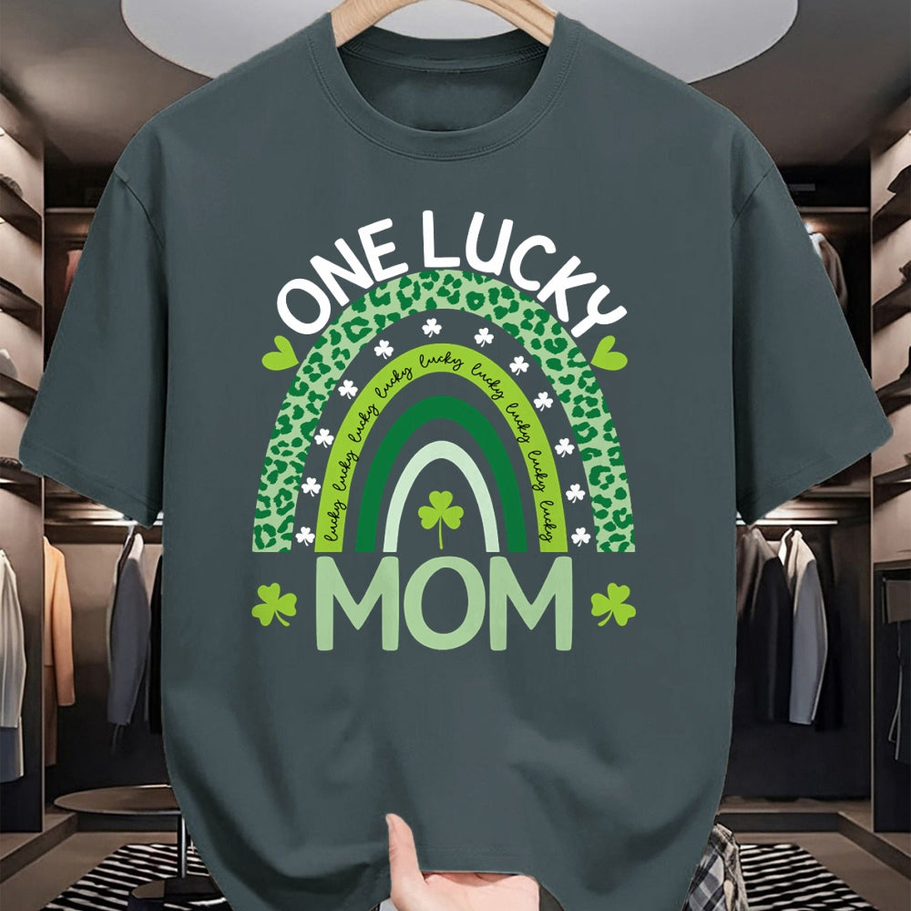 Gift for Mom Shirt, Funny Mom Unisex T-Shirt/Hoodie/Sweatshirt HLT00 - One Lucky Mom Leopard Rainbow St Patricks Day Clover Long Sleeve T-Shirt