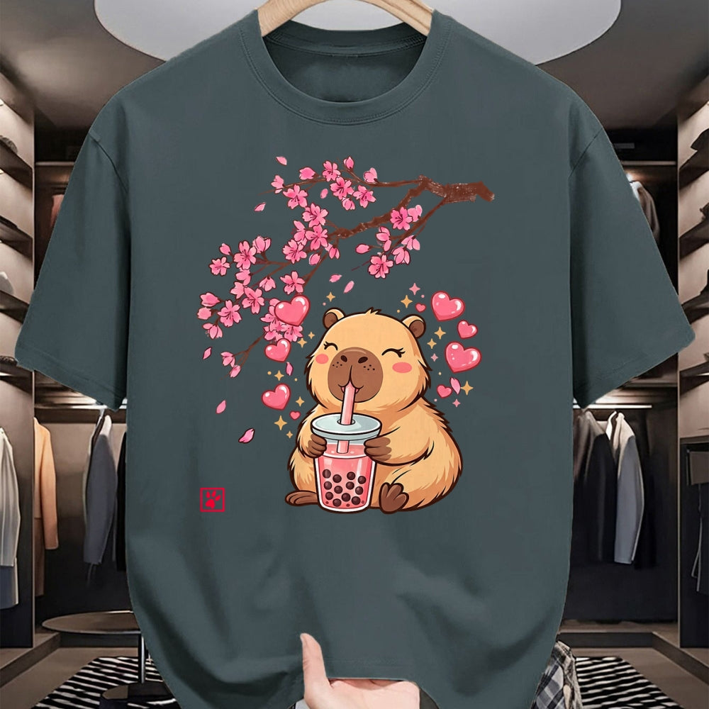 Cute Capybara Shirt, Funny Capybara Unisex T-Shirt/Hoodie/Sweatshirt HLT00 - Cute Capybara Kawaii Anime Drinking Bubble Tea Sakura Japan T-Shirt