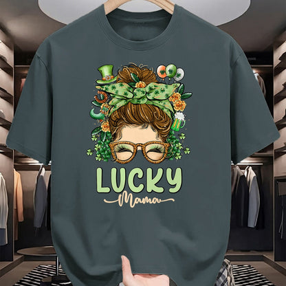 Gift for Mom Shirt, Funny Mom Unisex T-Shirt/Hoodie/Sweatshirt HLT00 - Lucky Mama St Patricks & Mothers Day Mom Messy Bun Irish T-Shirt