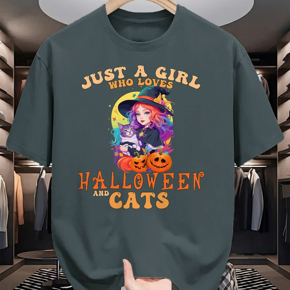 Shirt, Funny Cat Lover Gift UnisexT-Shirt/Hoodie/Sweatshirt HLT00 - Just A Girl Who Loves Halloween and Cats Spooky Fall Pumpkin T-Shirt (1)
