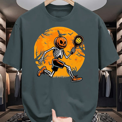 Funny Pickleball Shirt, Pickleball Lover Unisex T-Shirt/Hoodie/Sweatshirt HLT00 - Halloween Pickleball Pumpkin Skeleton Pickleball Halloween T-Shirt