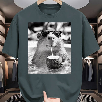 Cute Capybara Shirt, Funny Capybara Unisex T-Shirt/Hoodie/Sweatshirt HLT00 - Capybara Selfie with Sunglasses and Coconut Drink T-Shirt