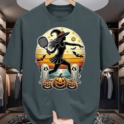 Funny Pickleball Shirt, Pickleball Lover Unisex T-Shirt/Hoodie/Sweatshirt HLT00 - Womens Pickleball Halloween Witch Playing - Jackolantern Ghost V-Neck T-Shirt