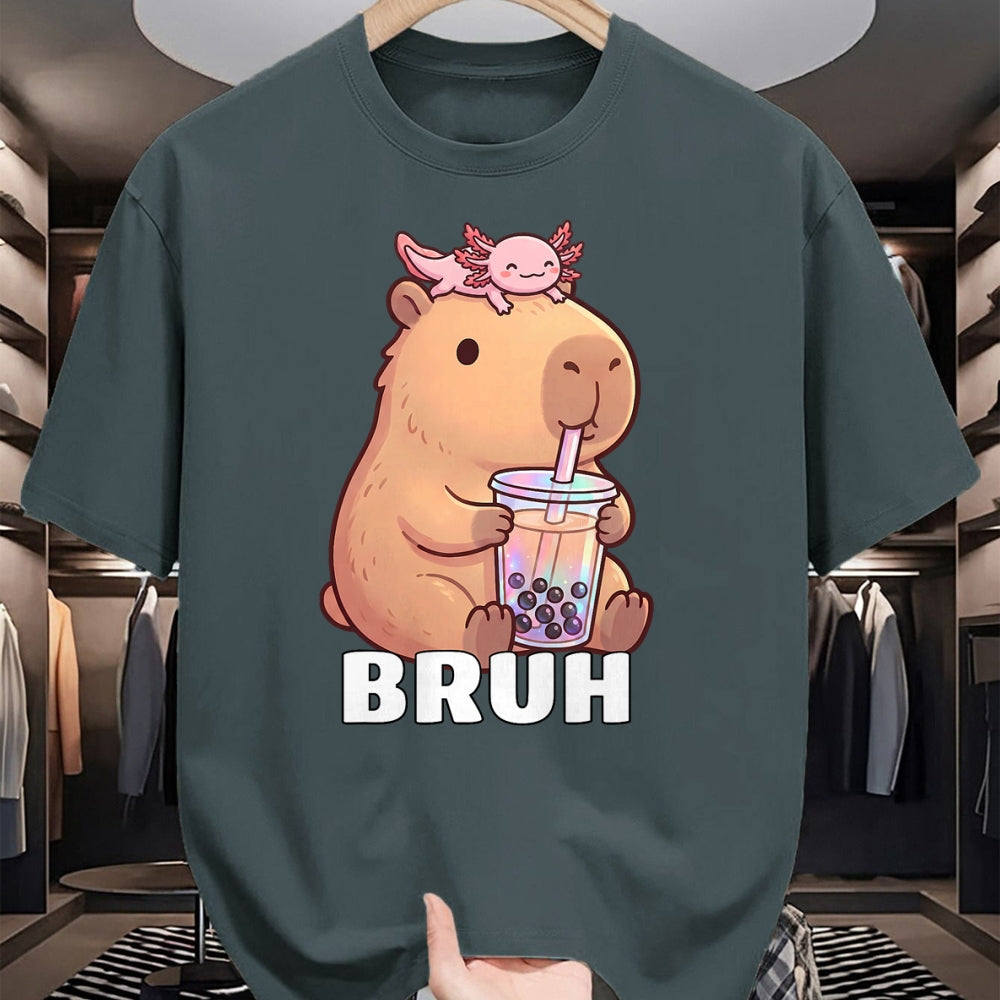 Cute Capybara Shirt, Funny Capybara Unisex T-Shirt/Hoodie/Sweatshirt HLT00 - Cute Bruh Capybara Drinking Bubble Tea Axolotl Funny Kawaii T-Shirt
