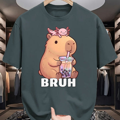 Cute Capybara Shirt, Funny Capybara Unisex T-Shirt/Hoodie/Sweatshirt HLT00 - Cute Bruh Capybara Drinking Bubble Tea Axolotl Funny Kawaii T-Shirt
