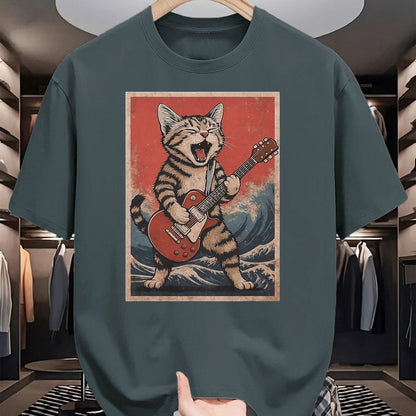 Guitar Lover Shirt, Funny Guitar UnisexT-Shirt/Hoodie/Sweatshirt HLT00 - Cat Playing Guitar Men Women Distressed Rock and Roll T-Shirt, Men, Black, Large