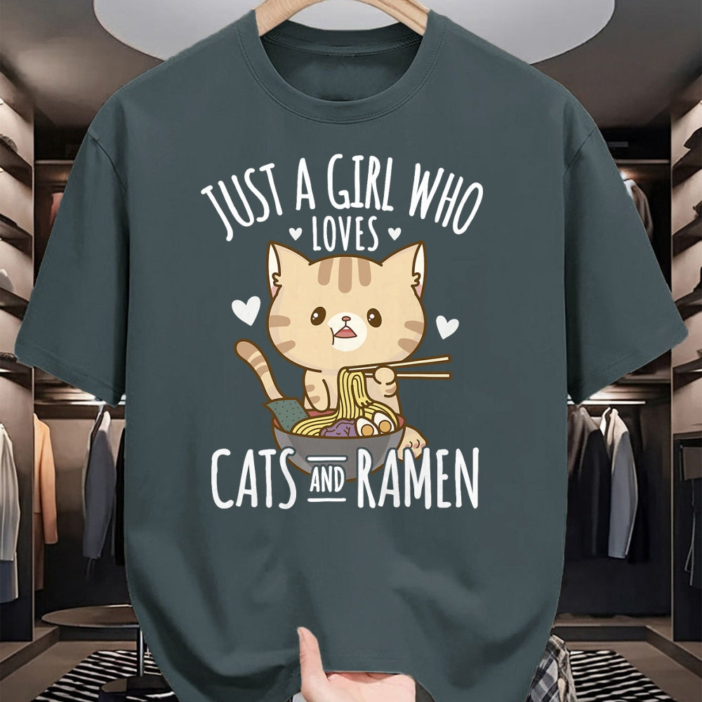 Cat Love Shirt, Funny Cat Lover Gift UnisexT-Shirt/Hoodie/Sweatshirt HLT00 - Just A Girl Who Loves Cats And Ramen T-Shirt