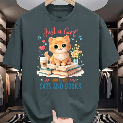 Cat Love Shirt, Funny Cat Lover Gift UnisexT-Shirt/Hoodie/Sweatshirt HLT00 - Just a Girl Who Loves Cats and Books Reading Cat & Bookworm Long Sleeve T-Shirt