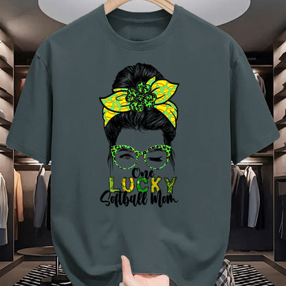 Gift for Mom Shirt, Funny Mom Unisex T-Shirt/Hoodie/Sweatshirt HLT00 - One Lucky Softball Mom Green Saint Patricks Day Messy Bun T-Shirt