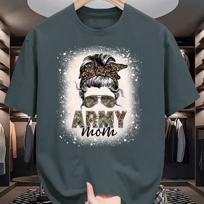 Gift for Mom Shirt, Funny Mom Unisex T-Shirt/Hoodie/Sweatshirt HLT00 - Proud Army Mom Women Leopard Camo Messy Bun Bleached T-Shirt