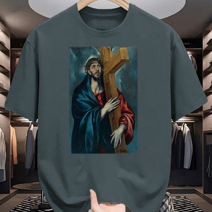 Christian Tee, Christian Faith Unisex T-Shirt/Hoodie/Sweatshirt HLT00 - Christ Carrying the Cross Jesus Painting Saviour Christian T-Shirt