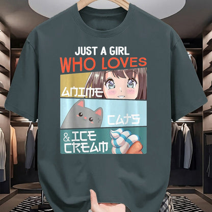 Cat Love Shirt, Funny Cat Lover Gift UnisexT-Shirt/Hoodie/Sweatshirt HLT00 - Just A Girl Who Loves Anime Cats Ice Cream Otaku Manga Lover T-Shirt, Women, Baby Blue, Large