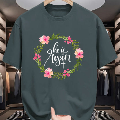 Christian Tee, Christian Faith Unisex T-Shirt/Hoodie/Sweatshirt HLT00 - He is Risen Jesus Christian Happy Easter Floral Wreath Shirt T-Shirt (1)