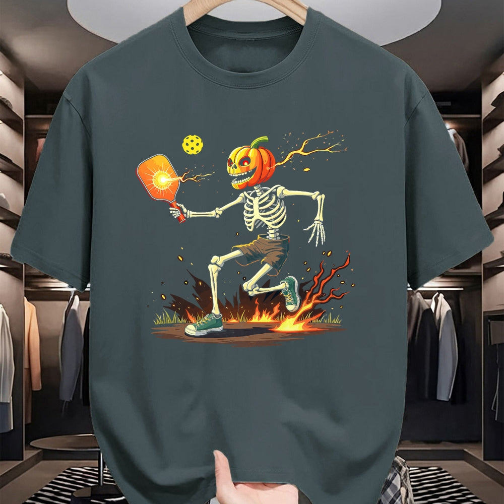 Funny Pickleball Shirt, Pickleball Lover Unisex T-Shirt/Hoodie/Sweatshirt HLT00 - Pumpkin Head Skeleton Pickleball Halloween Spooky Sports T-Shirt