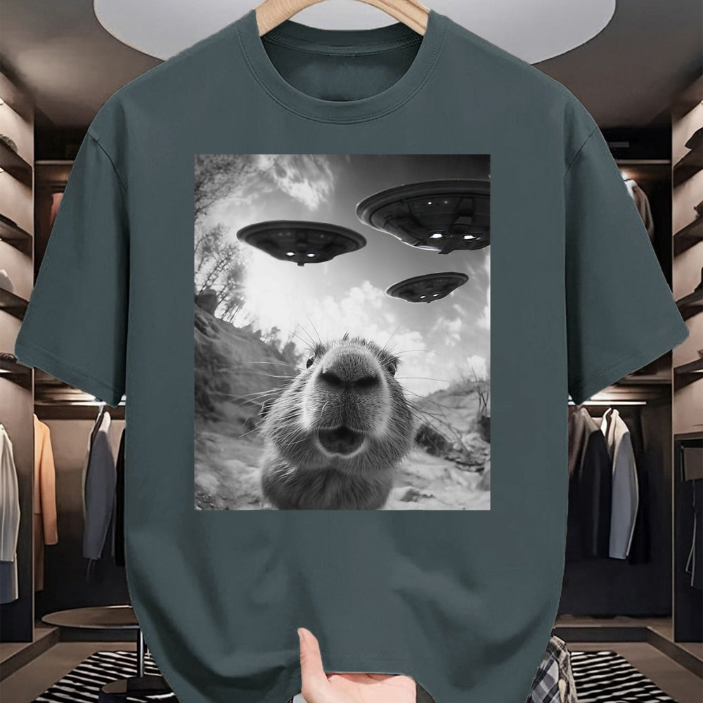 Cute Capybara Shirt, Funny Capybara Unisex T-Shirt/Hoodie/Sweatshirt HLT00 - Funny Capybara Selfie with UFOs Weird Graphic Tee Alien UFO T-Shirt