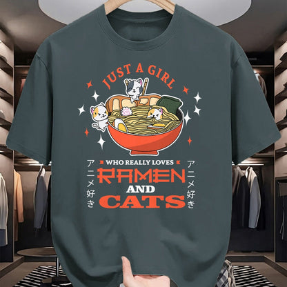 Cat Love Shirt, Funny Cat Lover Gift UnisexT-Shirt/Hoodie/Sweatshirt HLT00 - Just a girl who really loves Ramen and cats Design T-Shirt (1)