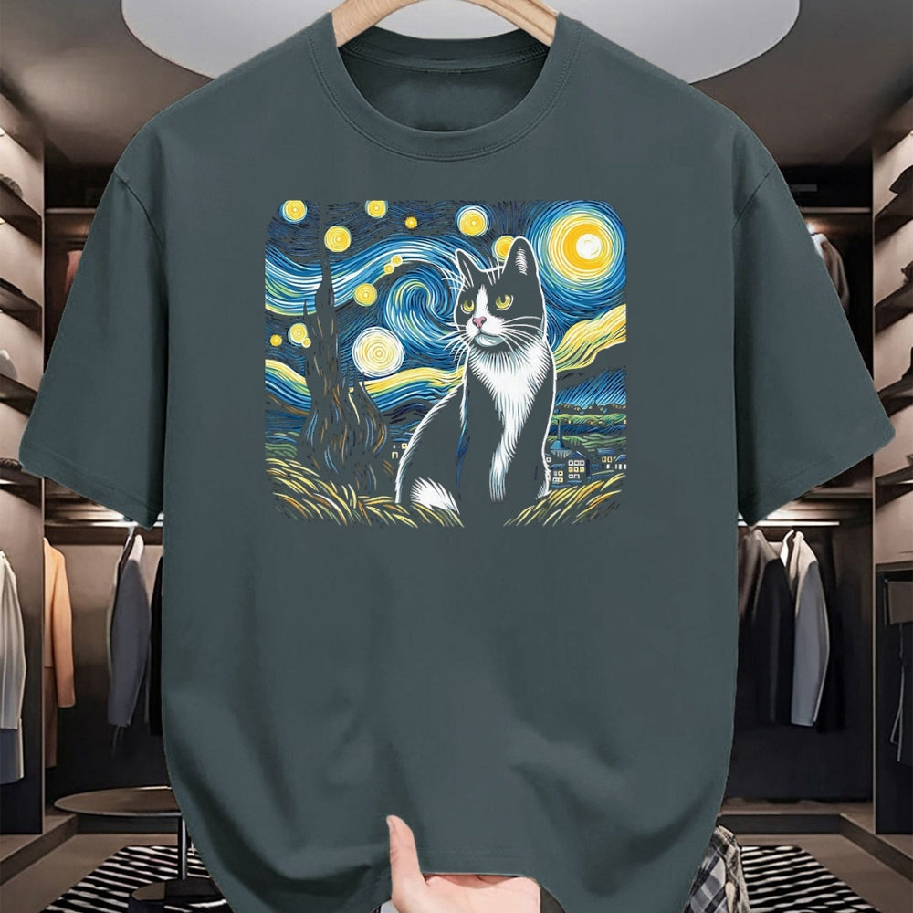 Cat Love Shirt, Funny Cat Lover Gift UnisexT-Shirt/Hoodie/Sweatshirt HLT00 - Tuxedo Cat Starry Night Painting Tuxedo Cat Owner T-Shirt, Men, Black, 3X-Large