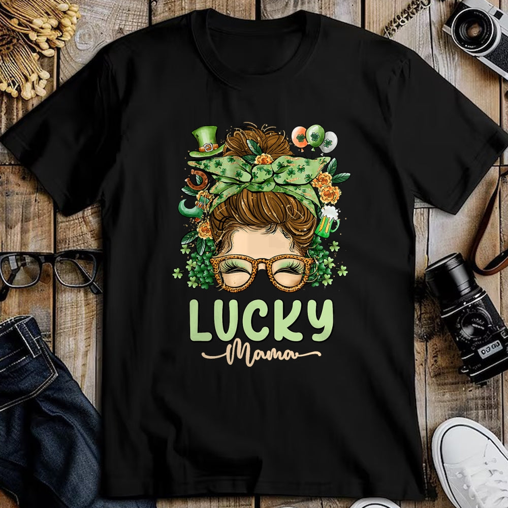 Gift for Mom Shirt, Funny Mom Unisex T-Shirt/Hoodie/Sweatshirt HLT00 - Lucky Mama St Patricks & Mothers Day Mom Messy Bun Irish T-Shirt