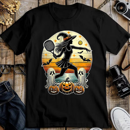 Funny Pickleball Shirt, Pickleball Lover Unisex T-Shirt/Hoodie/Sweatshirt HLT00 - Womens Pickleball Halloween Witch Playing - Jackolantern Ghost V-Neck T-Shirt