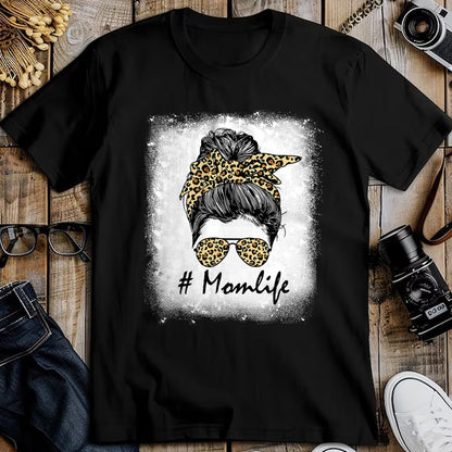 Gift for Mom Shirt, Funny Mom Unisex T-Shirt/Hoodie/Sweatshirt HLT00 - Mom Life Bleached Shirt Mom Life Leopard Messy Bun T-Shirt