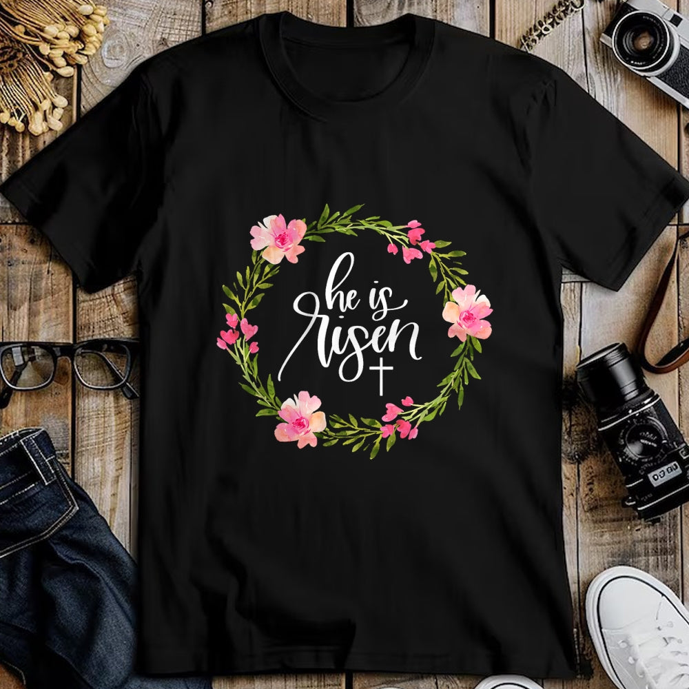 Christian Tee, Christian Faith Unisex T-Shirt/Hoodie/Sweatshirt HLT00 - He is Risen Jesus Christian Happy Easter Floral Wreath Shirt T-Shirt (1)