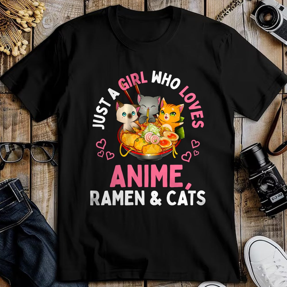 Cat Love Shirt, Funny Cat Lover Gift UnisexT-Shirt/Hoodie/Sweatshirt HLT00 - Just a Girl Who Loves Anime Ramen and Cats Kawaii Manga Gift Long Sleeve T-Shirt