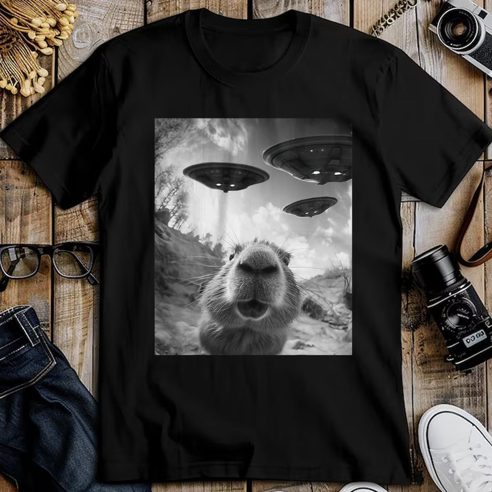 Cute Capybara Shirt, Funny Capybara Unisex T-Shirt/Hoodie/Sweatshirt HLT00 - Funny Capybara Selfie with UFOs Weird Graphic Tee Alien UFO T-Shirt