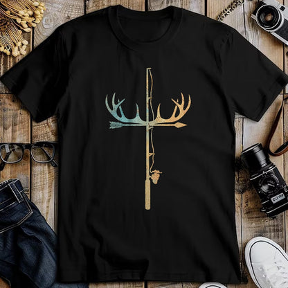 Funny Hunting Shirt, Gift For Hunting Lover Unisex T-Shirt/Hoodie/Sweatshirt HLT00 - Antler Fishing Rod Cross God Family Hunting Fishing T-Shirt