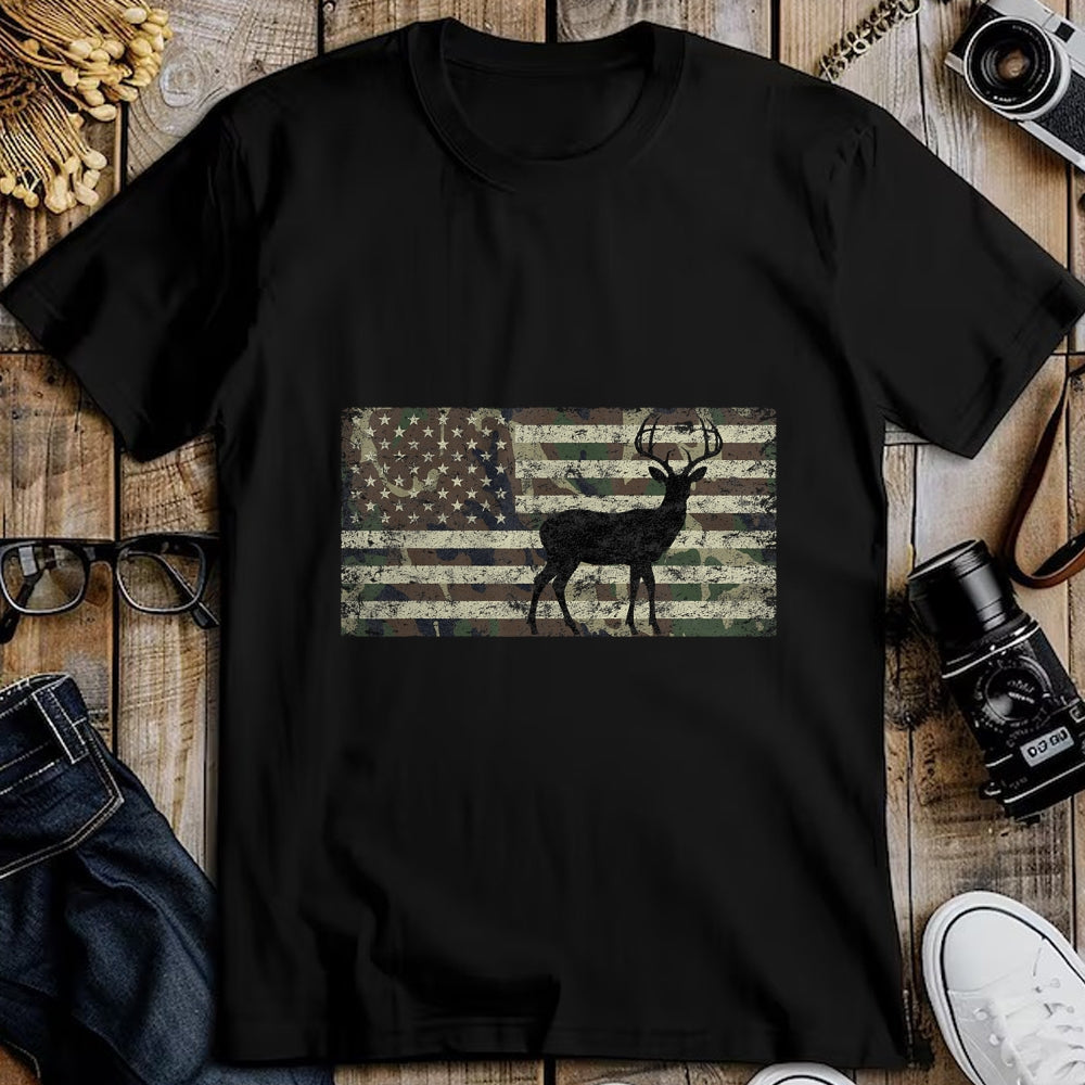 Funny Hunting Shirt, Gift For Hunting Lover Unisex T-Shirt/Hoodie/Sweatshirt HLT00 - Deer Hunting Camo American Flag Buck Standing Hunter Country T-Shirt