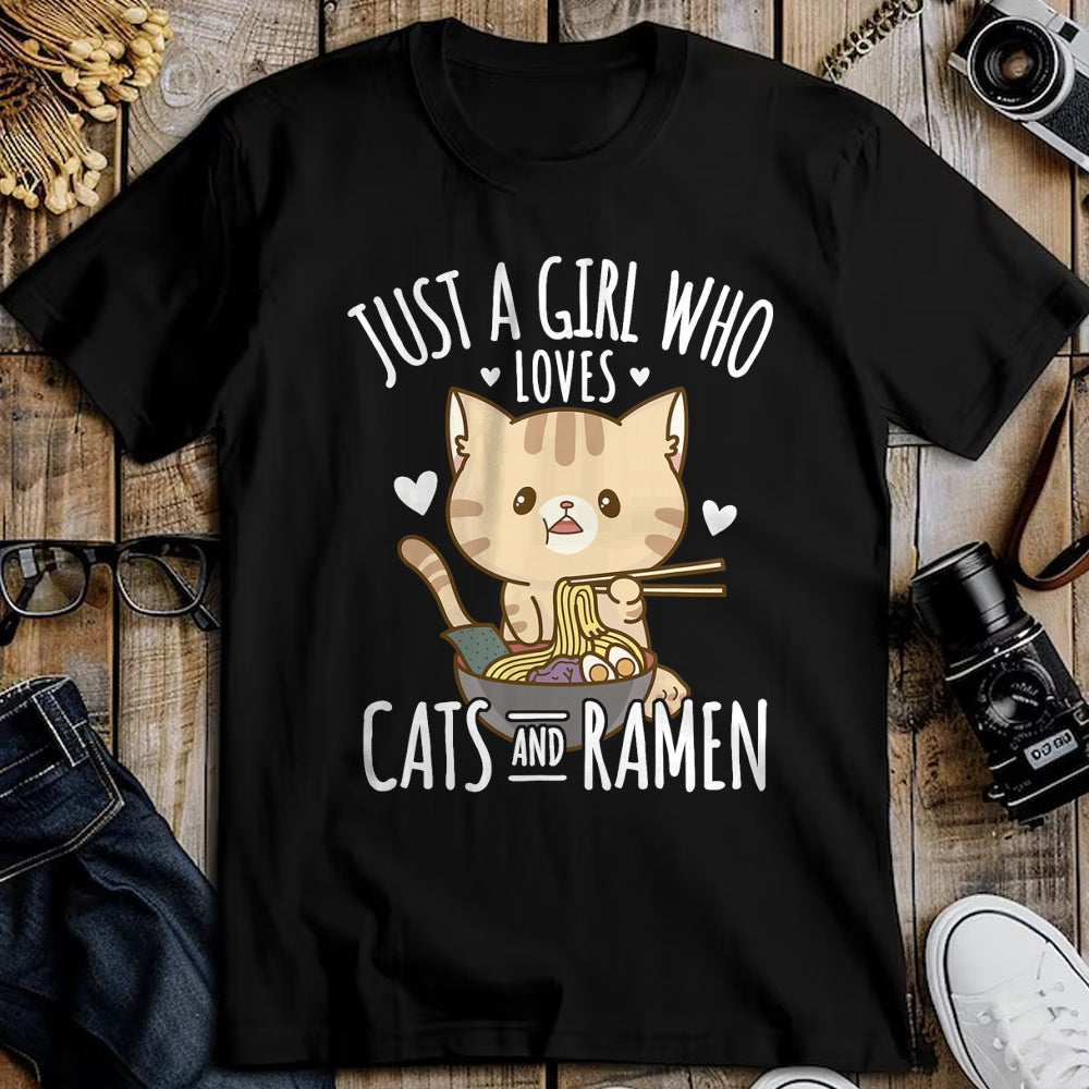 Cat Love Shirt, Funny Cat Lover Gift UnisexT-Shirt/Hoodie/Sweatshirt HLT00 - Just A Girl Who Loves Cats And Ramen T-Shirt