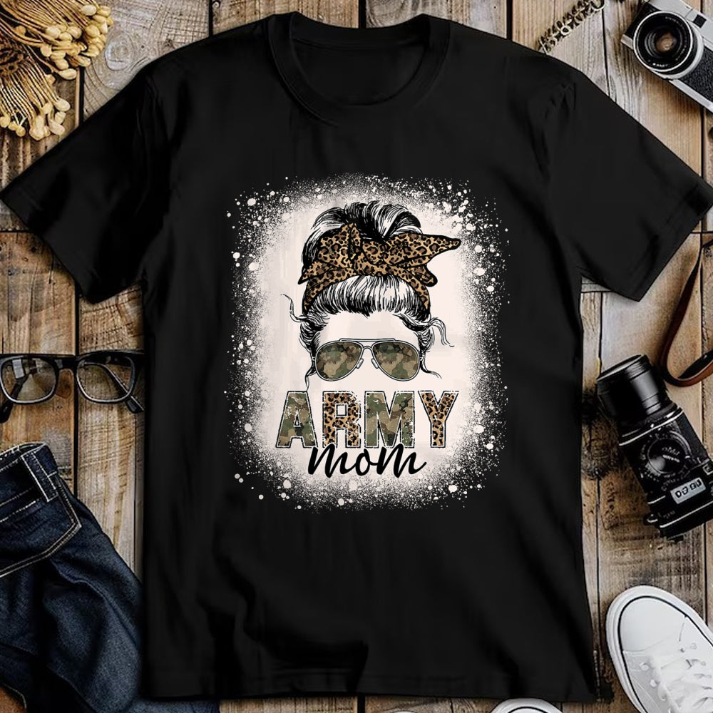 Gift for Mom Shirt, Funny Mom Unisex T-Shirt/Hoodie/Sweatshirt HLT00 - Proud Army Mom Women Leopard Camo Messy Bun Bleached T-Shirt