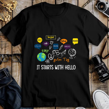 Best Teacher Shirt, Funny Teacher UnisexT-Shirt/Hoodie/Sweatshirt HLT00 - It Starts with Hello Friendship Inclusion Language Teacher T-Shirt