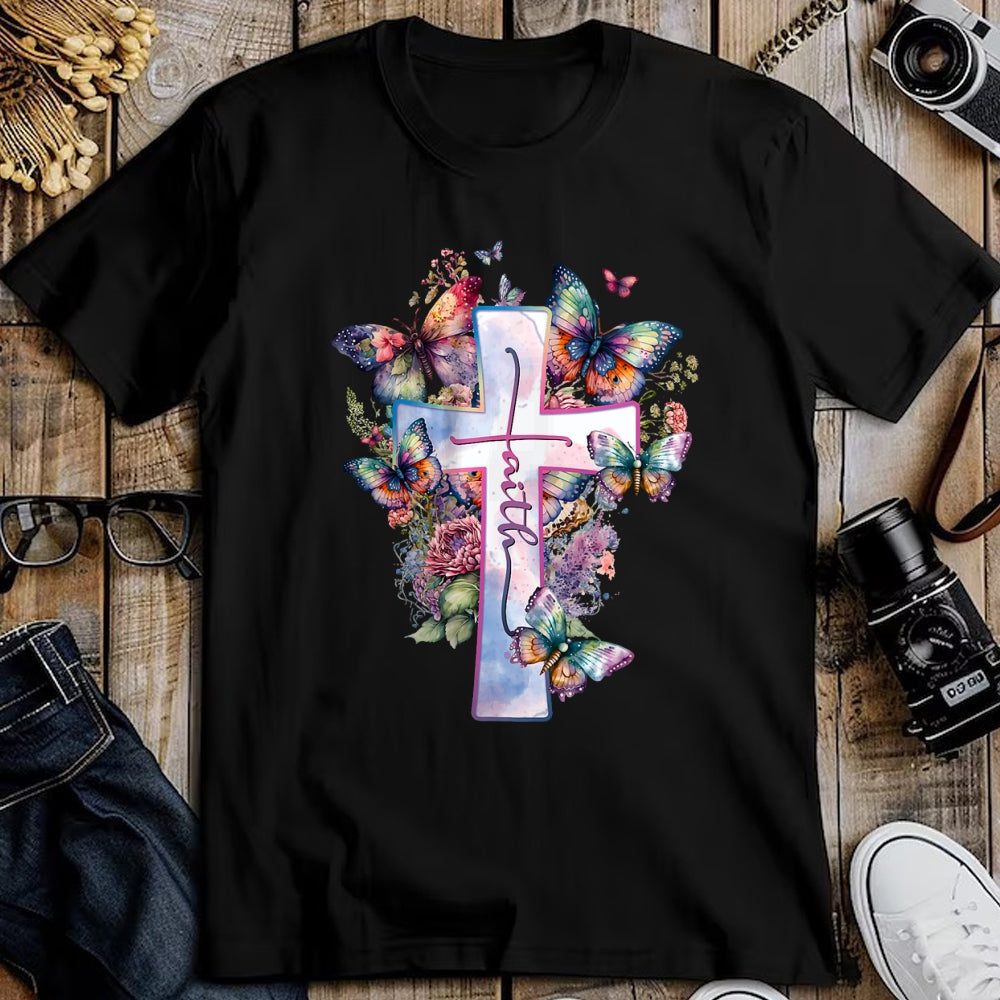 Christian Tee, Christian Faith Unisex T-Shirt/Hoodie/Sweatshirt HLT00 - Faith-Cross Floral Butterflies Christ Flowers Religious T-Shirt