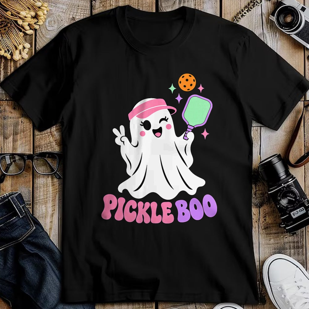 Funny Pickleball Shirt, Pickleball Lover Unisex T-Shirt/Hoodie/Sweatshirt HLT00 - Halloween Pickleball Ghost Girls Women Pickleball Halloween T-Shirt