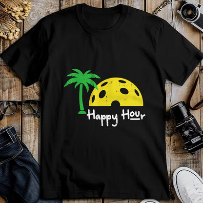 Funny Pickleball Shirt, Pickleball Lover Unisex T-Shirt/Hoodie/Sweatshirt HLT00 - Pickle Ball Happy Hour Palm Tree Pickleball Men Women Kids T-Shirt